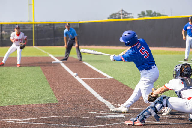 A baseball player in a blue jersey with the number 5 swings at a pitch while batting, as the pitcher in a white uniform prepares to throw the ball. A catcher is positioned behind the batter, and an umpire is visible in the background.
