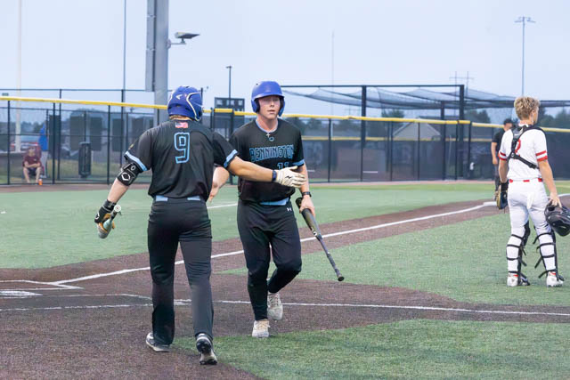 Two baseball players in black jerseys celebrate after a play on a baseball field, with one player wearing the number 9 and the other holding a bat.