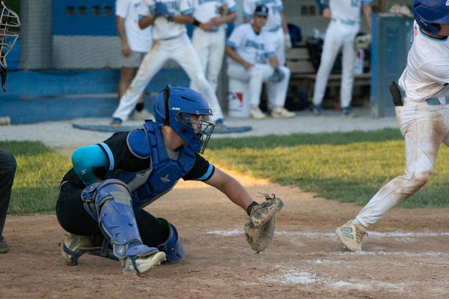 A baseball catcher in a blue uniform crouches to catch a pitch, with a player running towards home plate in the foreground and teammates in the background.