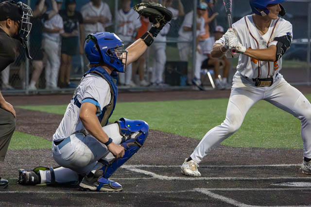A baseball game scene featuring a catcher in blue gear crouched behind home plate, preparing to receive a pitch, while a batter in a white and orange uniform readies to swing.