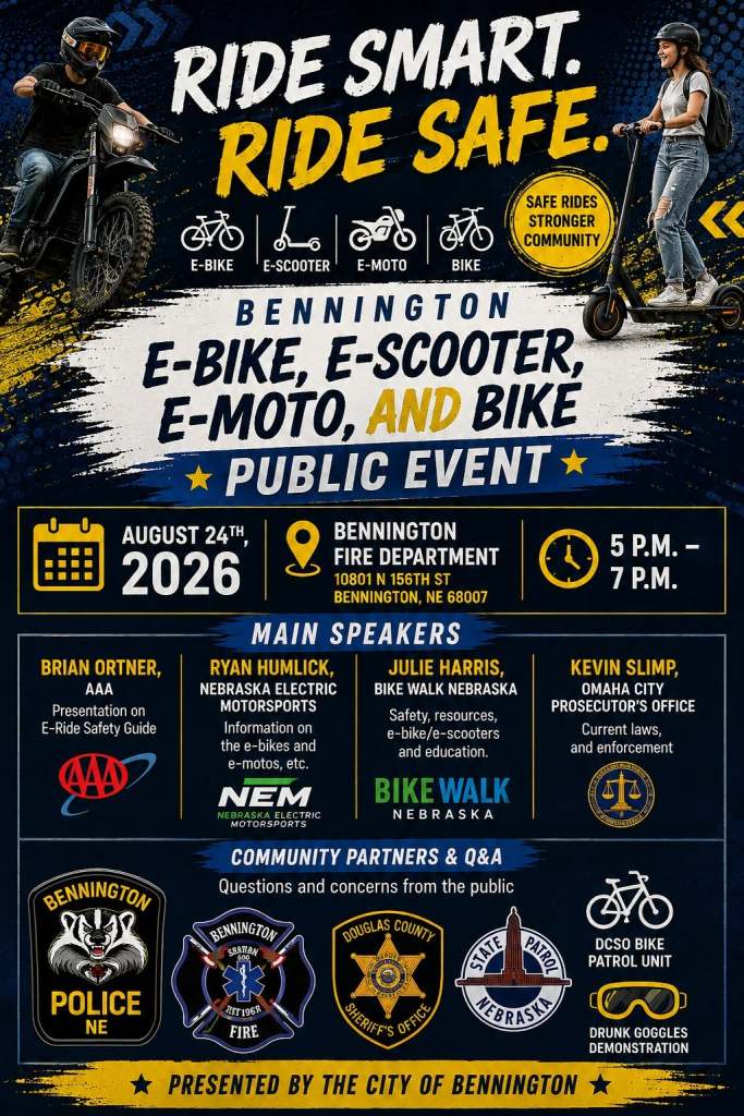 Promotional poster for a public event in Bennington focused on e-bikes, e-scooters, e-motos, and bikes, featuring speakers and community partners.