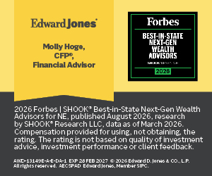 Edward Jones logo with text highlighting Molly Hoge, CFP, Financial Advisor, and her recognition as one of Forbes' Best-in-State Next-Gen Wealth Advisors for 2026, alongside a disclaimer about the rating.