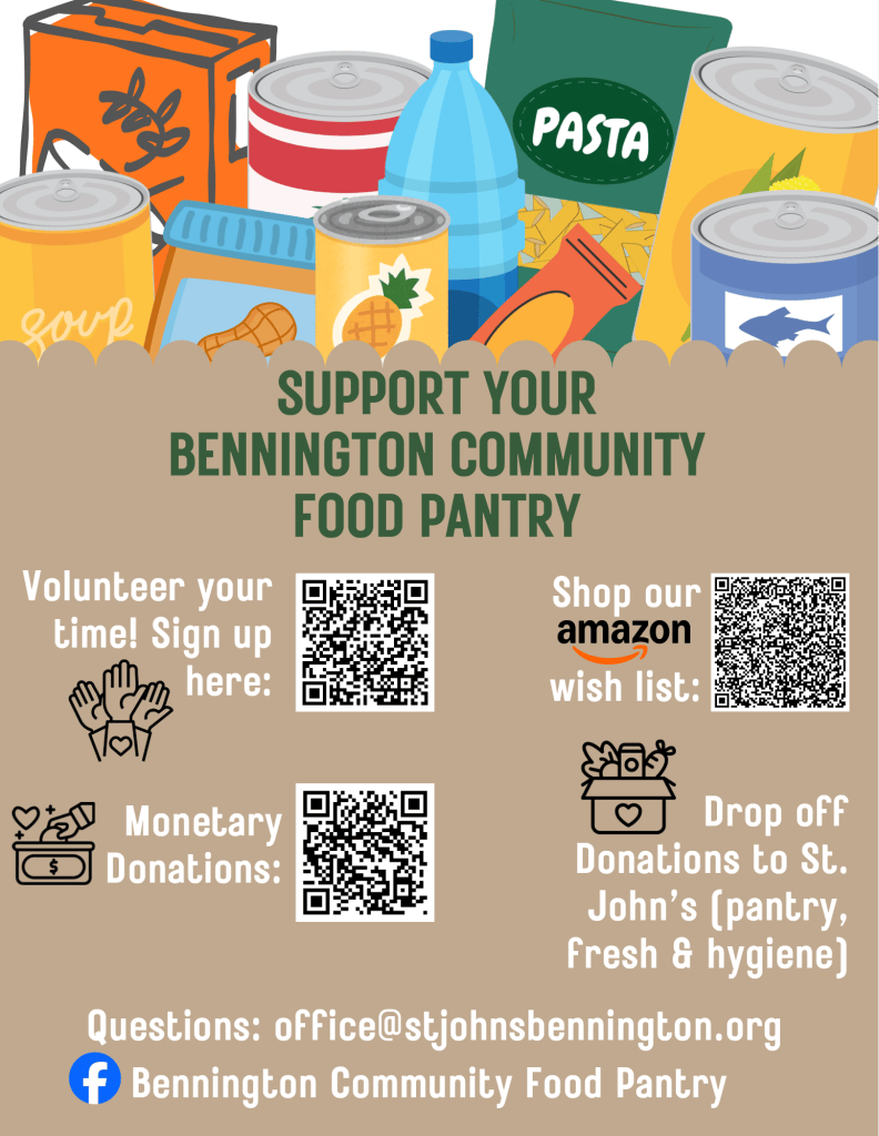 Promotional graphic for Bennington Community Food Pantry, featuring various canned goods and information on how to support the pantry through volunteering, donations, and shopping.
