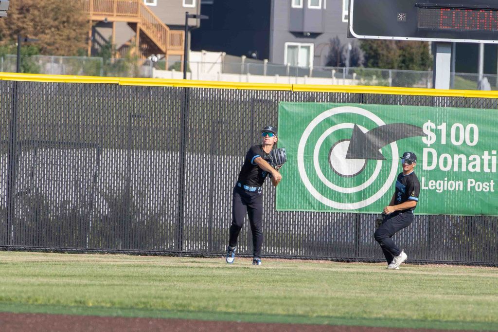 Two baseball players in black uniforms are on the field. One player is throwing a ball, while the other is positioned nearby near a green advertisement banner with a donation message.