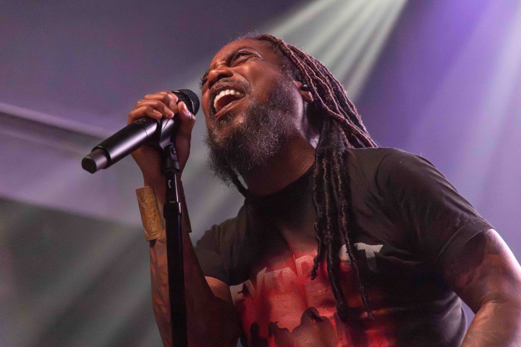 A singer passionately performing on stage, holding a microphone, with intense expression and long dreadlocks.