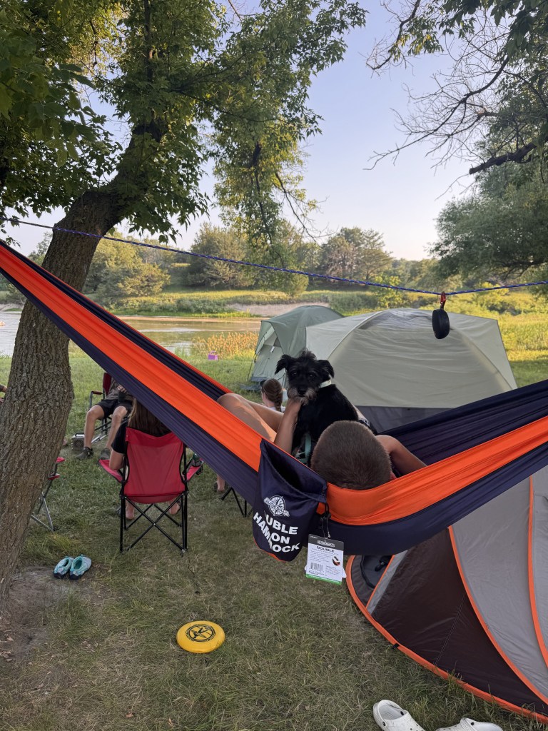A person sitting in a hammock with a dog on their lap, surrounded by trees and camping equipment near a river.