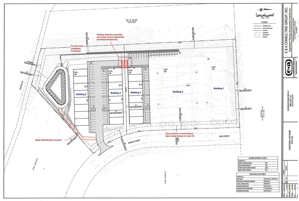 Site plan layout showing multiple buildings and parking areas, including flex spaces and designated maintenance access.