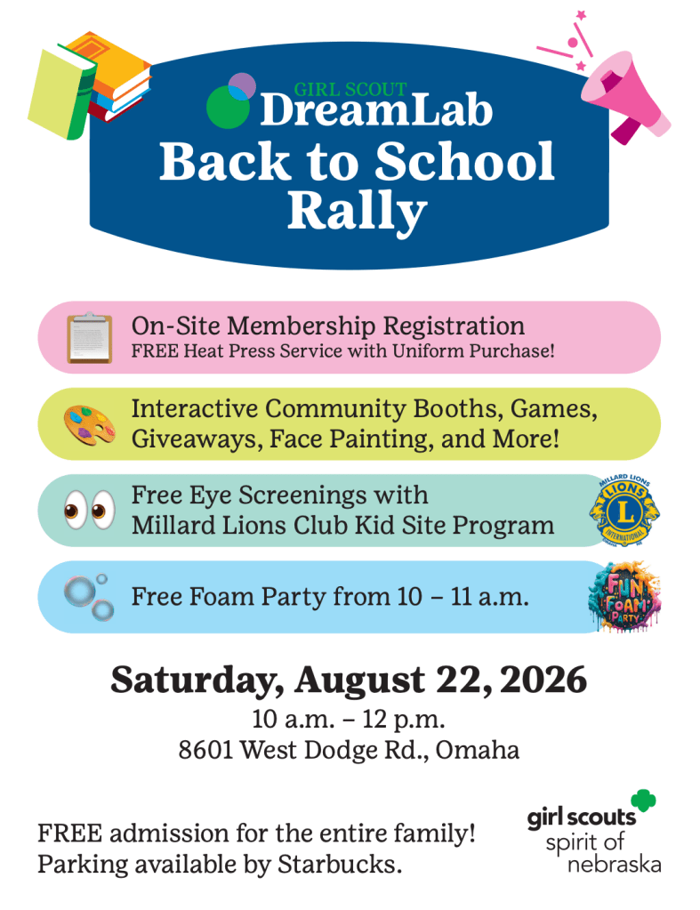 Promotional flyer for the Girl Scout DreamLab Back to School Rally featuring event details, activities, and location.