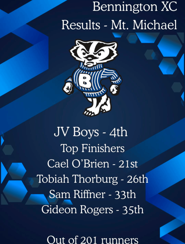 Graphic displaying the Bennington XC results from a meet at Mt. Michael, highlighting the JV Boys team finishing in 4th place with top individual finishes listed.