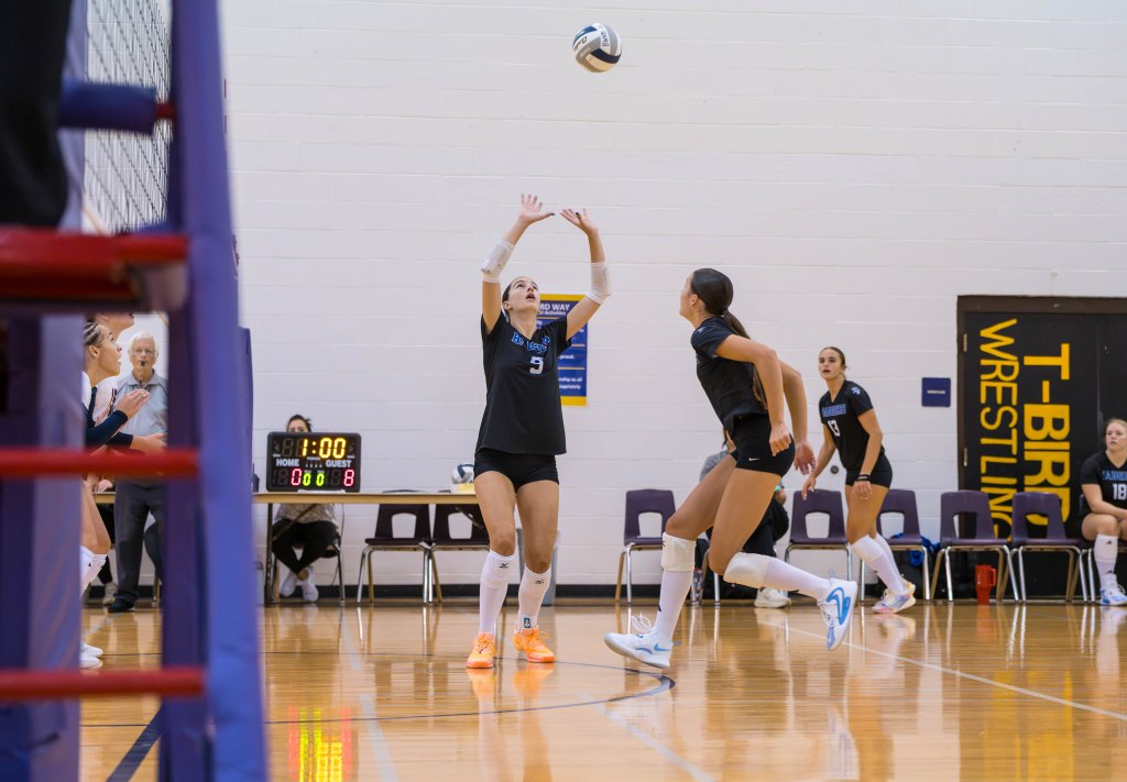 A volleyball player sets the ball in a gymnasium during a match, with teammates and spectators in the background.