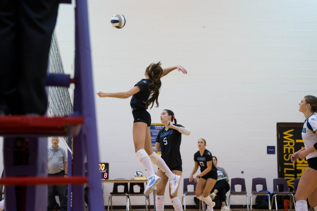 A female volleyball player jumping to hit the ball over the net during a match, with teammates watching from the court.