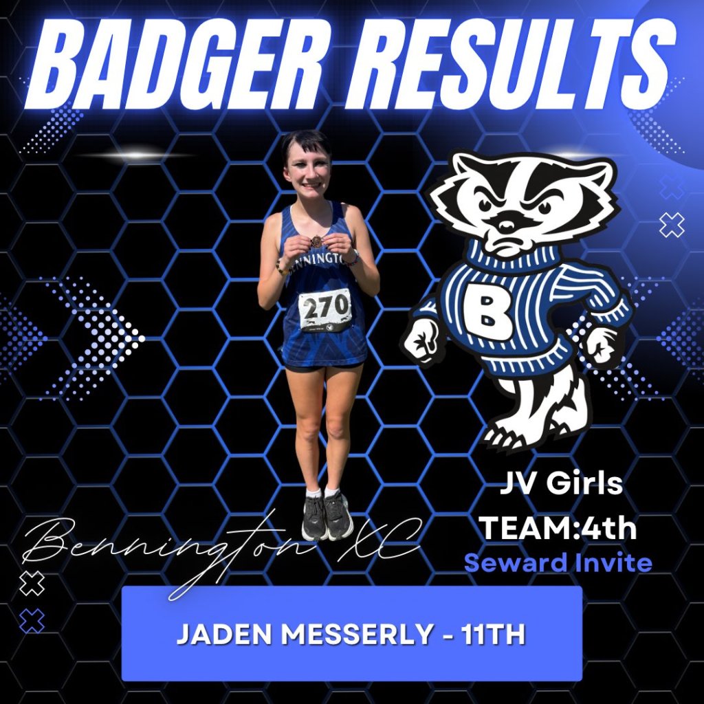 A female cross-country runner named Jaden Messerly wearing a blue uniform, holding a medal, stands in front of a graphic background featuring a badger mascot and the text 'Badger Results.' The image indicates she placed 11th in the JV Girls category at the Seward Invite, with her team finishing 4th.
