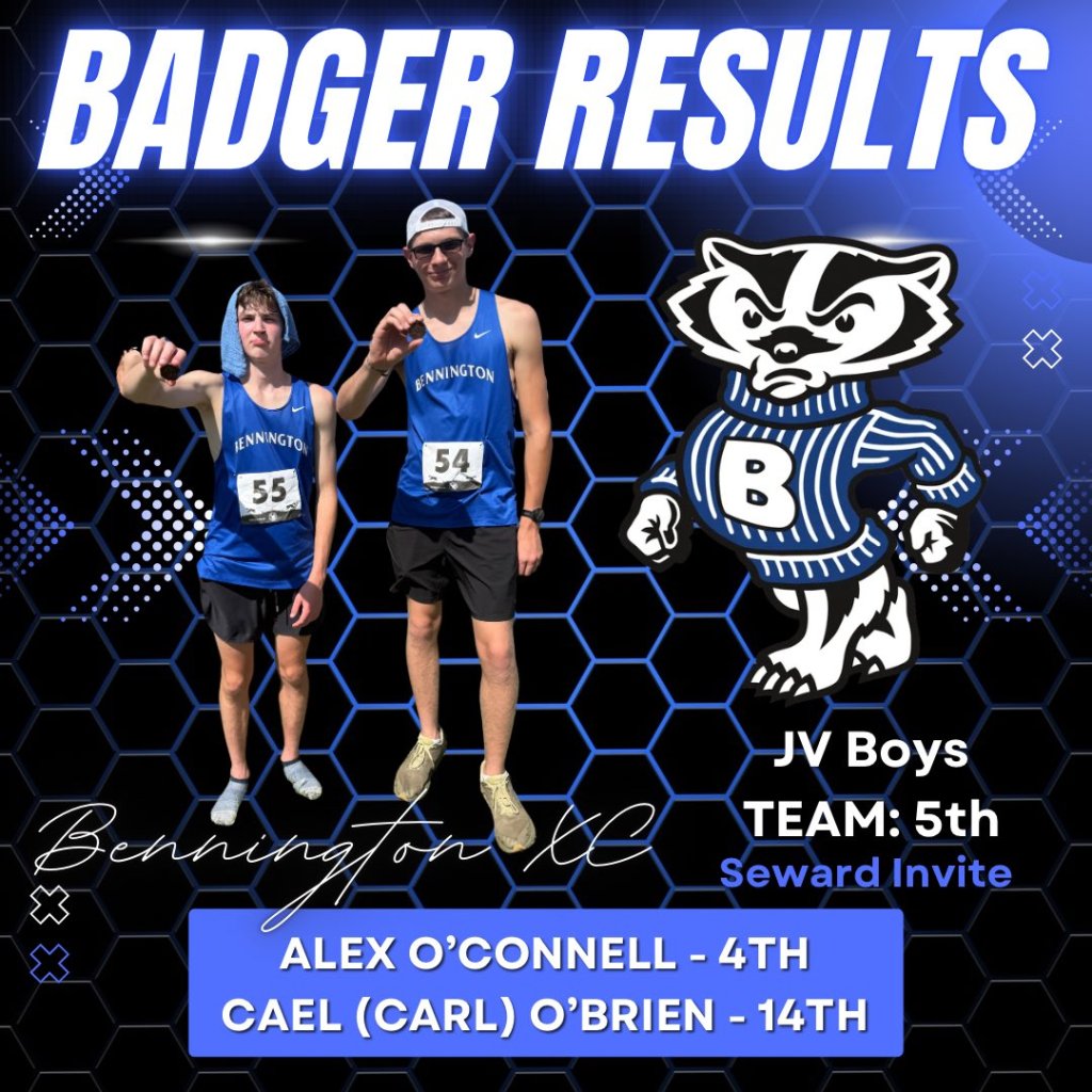Two male cross country runners from Bennington pose together, wearing blue jerseys with 'Bennington' written on them. The left runner has a bib number 55, and the right runner has a bib number 54. The background features a graphic with the text 'BADGER RESULTS' and a stylized badger mascot. Text indicates the JV Boys team placed 5th at the Seward Invite, and highlights Alex O'Connell's 4th place and Cael O'Brien's 14th place finishes.