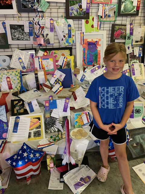 A young girl wearing a blue t-shirt stands in front of a display filled with colorful artwork, awards, and ribbons at a fair or exhibition.