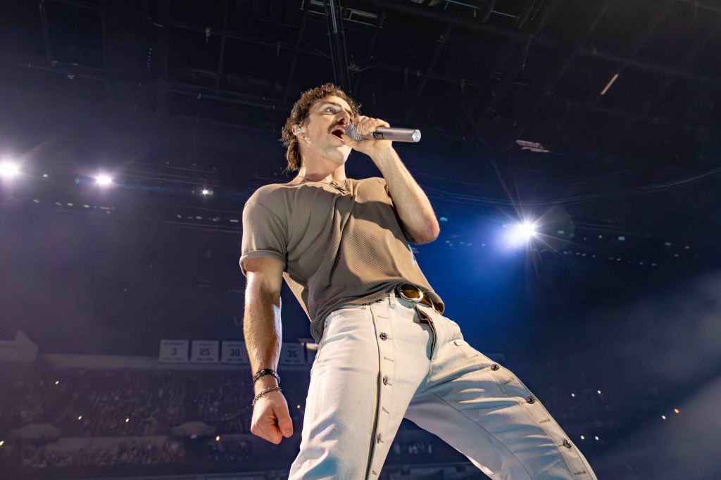 A singer performing on stage, holding a microphone, with bright stage lights and an enthusiastic audience in the background.