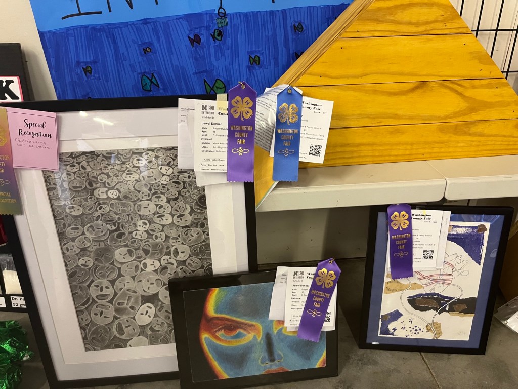 A display of artwork at a fair featuring three framed pieces with various designs, including a monochrome pattern of expressive faces, a colorful portrait with an emphasis on the eye, and an abstract mixed media piece. Several ribbons for awards are visible, along with descriptions and labels.