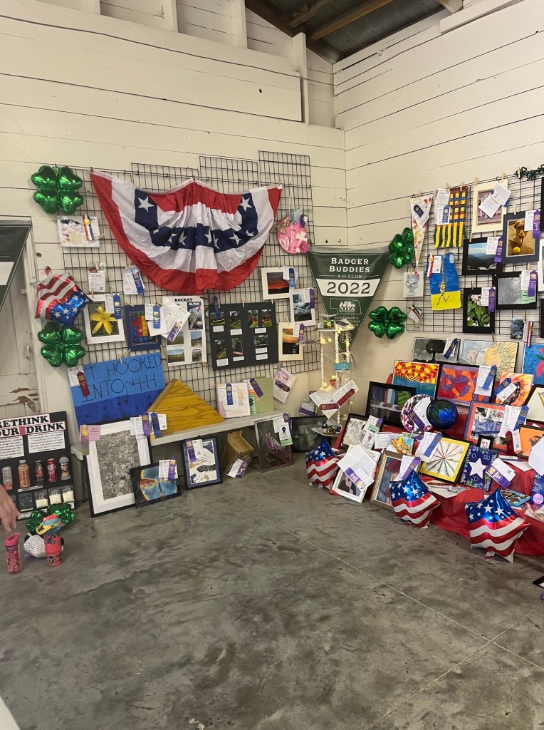 A display area showcasing various art pieces and projects including photographs, paintings, and crafts, decorated with a red, white, and blue American flag and green accents. The 2022 Badger Buddies 4-H Club banner is visible, along with several awards and ribbons.