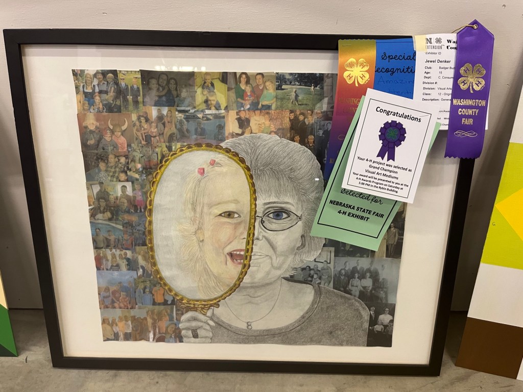 A framed art piece depicting a mixed media collage of family photos with a central drawing of a woman looking in a mirror, showcasing her reflection as a girl. The artwork is surrounded by various award ribbons and certificates from the Washington County Fair and Nebraska State Fair 4-H exhibit.