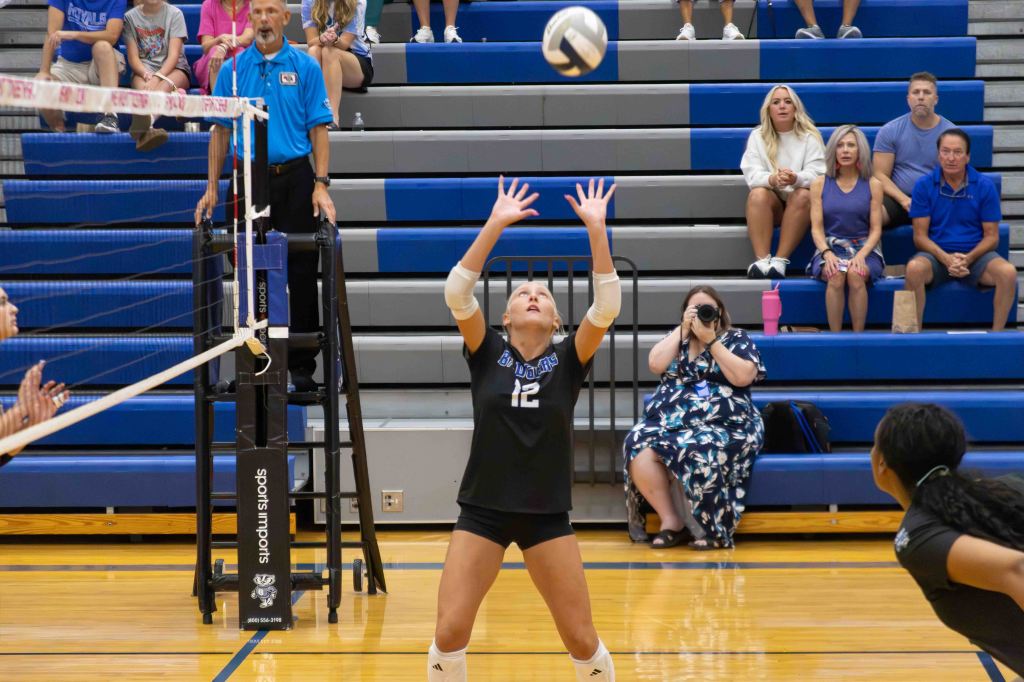 A volleyball player wearing a black jersey with the number 12 sets the ball overhead in a gymnasium, with spectators in the background watching the match.
