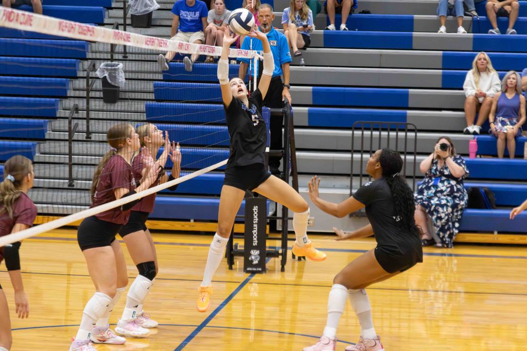 A volleyball player jumps to hit the ball over the net during a game, with teammates and an official in the background.