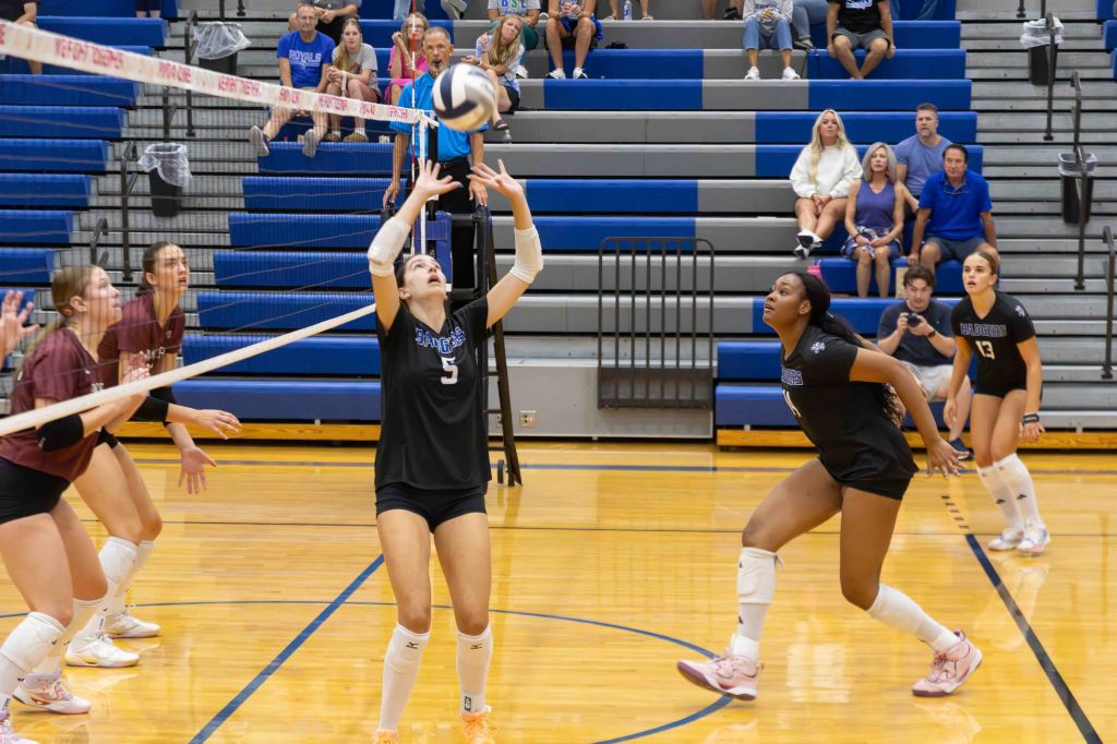 A volleyball game in action featuring players on the court. One player is setting the ball while others are in different positions, with spectators visible in the background.