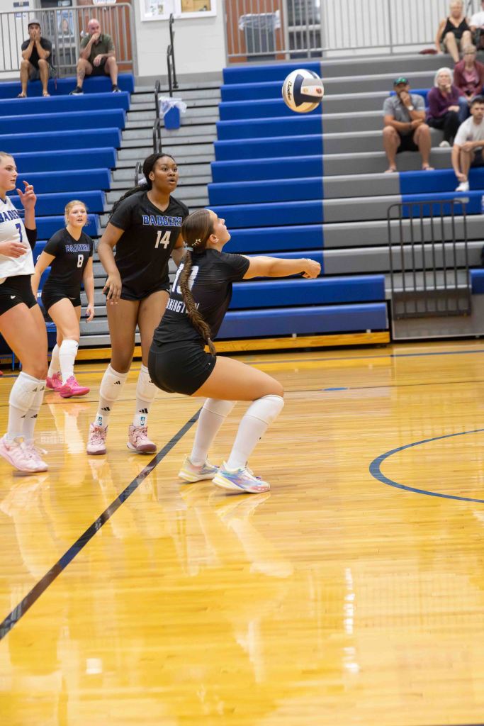 A volleyball player in a black uniform prepares to receive the ball on the court, with teammates in the background and spectators in the stands.