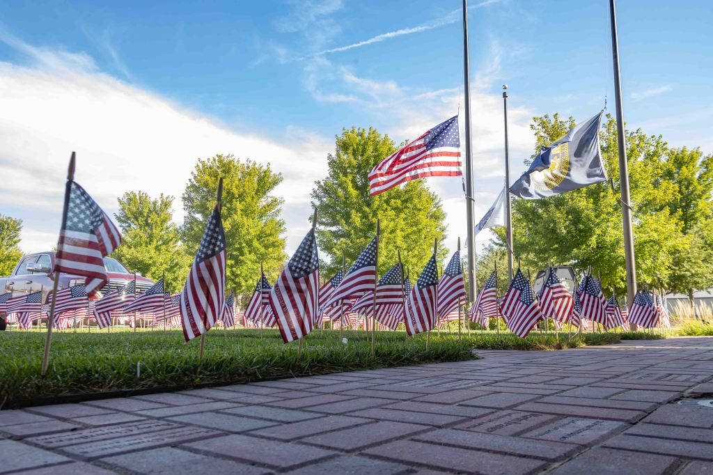 A view of multiple small American flags arranged on the grass, with larger flags flying on poles in the background, under a clear blue sky.