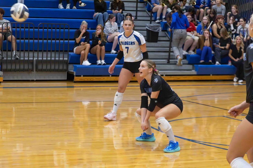 A volleyball player in a black uniform prepares to receive the ball while another player in a white uniform stands nearby, in a gymnasium filled with spectators.
