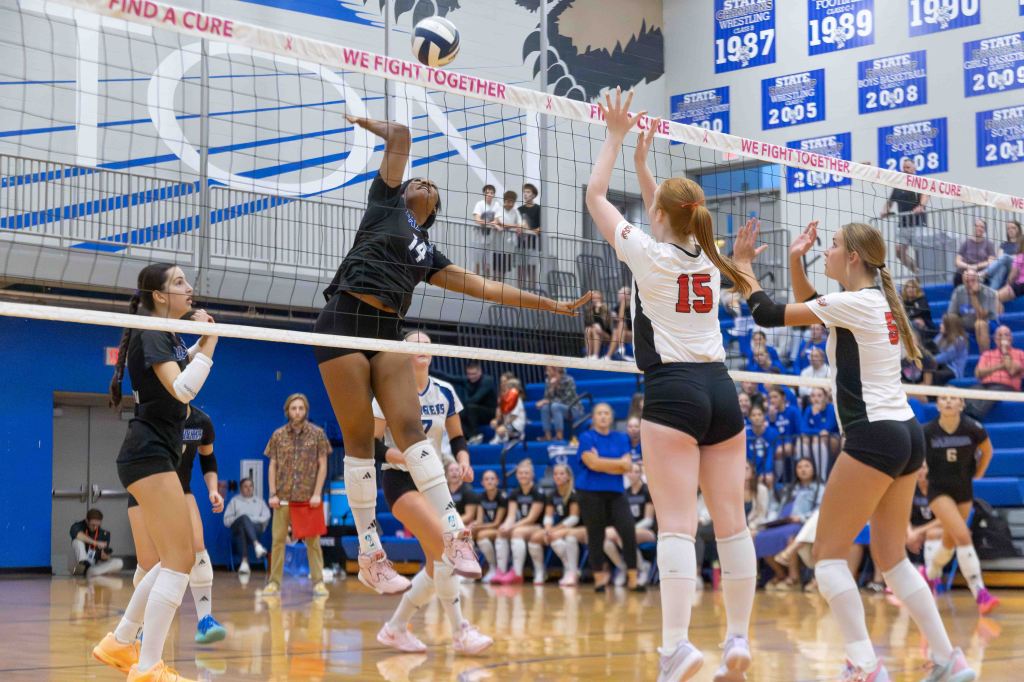 A volleyball player jumps to spike the ball over the net during a match, while two opposing players attempt to block the shot. Team members and spectators are visible in the background.