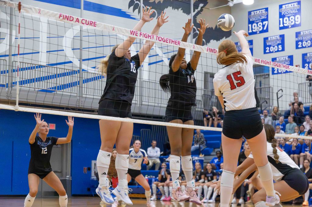 A volleyball match in progress with a player in a white jersey number 15 jumping to hit the ball over the net, while two opposing players in black jerseys attempt to block the shot. In the background, spectators are watching the game.