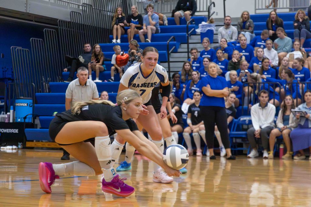 A volleyball match in progress, featuring two players from the team in black and white jerseys. One player is diving to receive a volleyball on the court, while the other stands ready to react. Spectators can be seen in the stands, creating an energetic atmosphere.