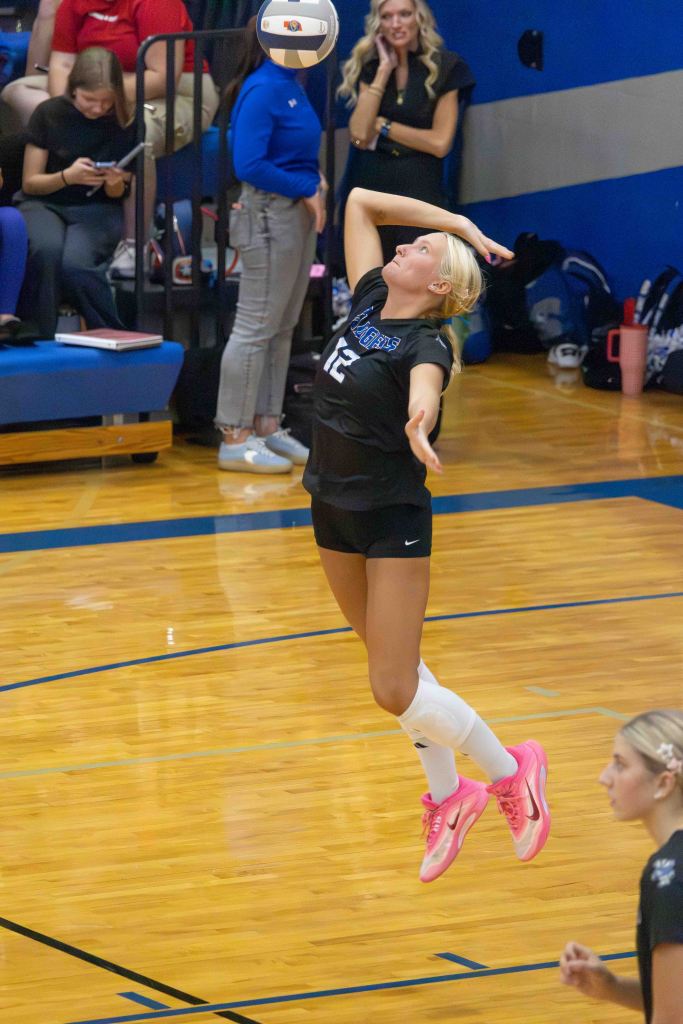 A female volleyball player jumps to spike the ball during a match, wearing a black jersey with the number 12, white knee pads, and pink sneakers. Spectators can be seen in the background.