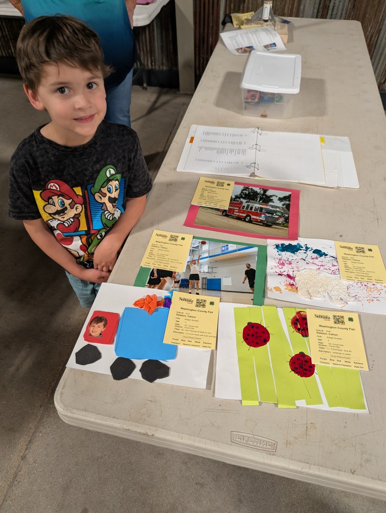 A young boy stands next to a table displaying various colorful art projects. The projects include cut-out shapes and collages, and there are identification cards for a county fair displayed alongside. The boy is wearing a Mario-themed t-shirt.