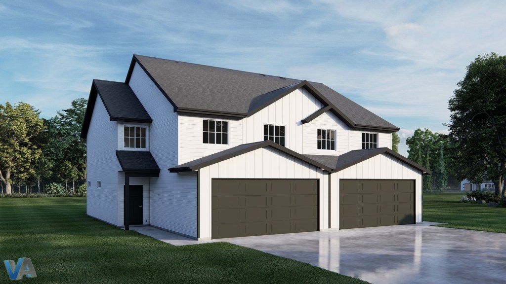 A modern two-story house with a white exterior and dark gray roof, featuring two garage doors and a landscaped yard.