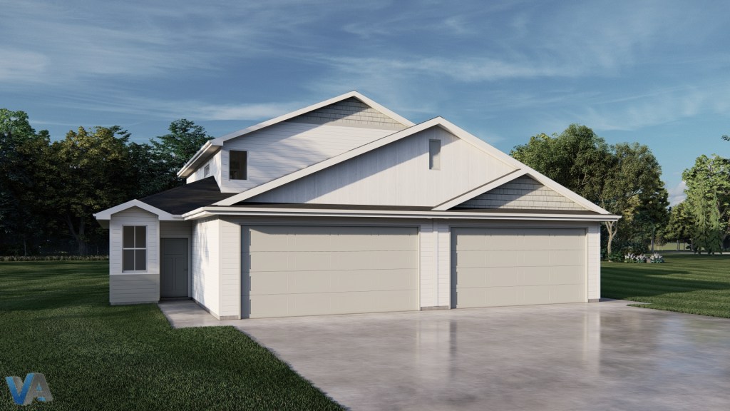 Exterior view of a modern, two-story house featuring a spacious garage with two doors, set against a backdrop of trees and grass.