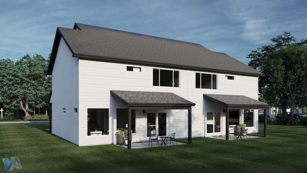 Exterior view of a modern two-story duplex with a sloping roof, featuring two covered porches and large windows, surrounded by green grass and trees.
