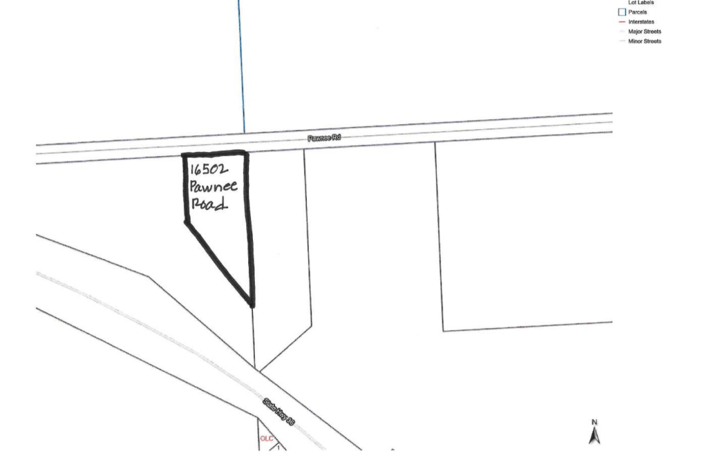 Map showing the location of 16502 Pawnee Road with labeled streets and parcel information.
