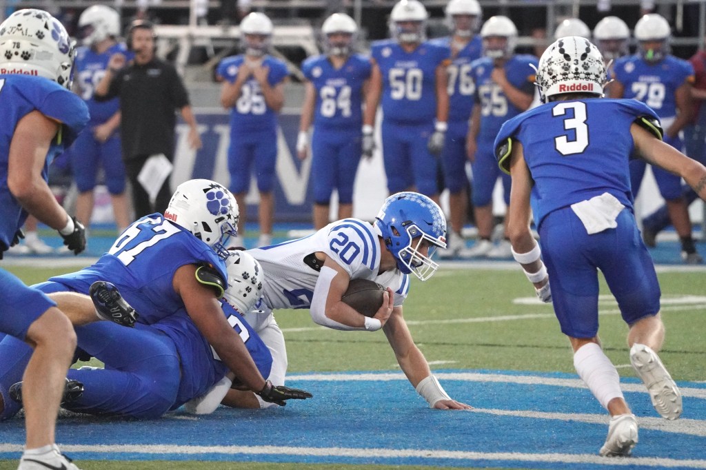 A high school football player wearing a white jersey with blue stripes is reaching for the ball while being tackled by two opponents in blue jerseys on a football field.