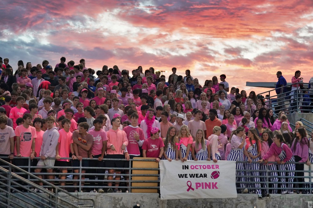 A large crowd of students wearing pink clothing gathered at a stadium, promoting breast cancer awareness with a banner that reads 'In October We Wear Pink.' The sky is vibrant with sunset colors.
