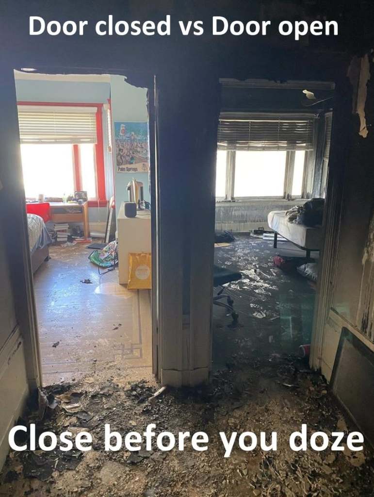 A split image showing a closed door on one side and an open door on the other, revealing two different rooms. The room with the open door is cluttered with debris and signs of damage, while the room seen through the closed door appears tidier and clean. Text on the image reads 'Door closed vs Door open' and 'Close before you doze.'