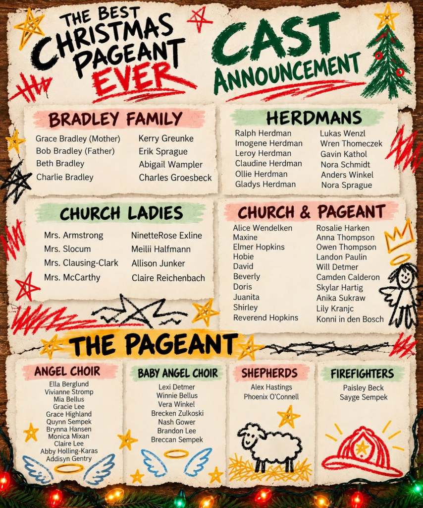 Cast announcement for 'The Best Christmas Pageant Ever,' featuring various family roles and character names from the play.