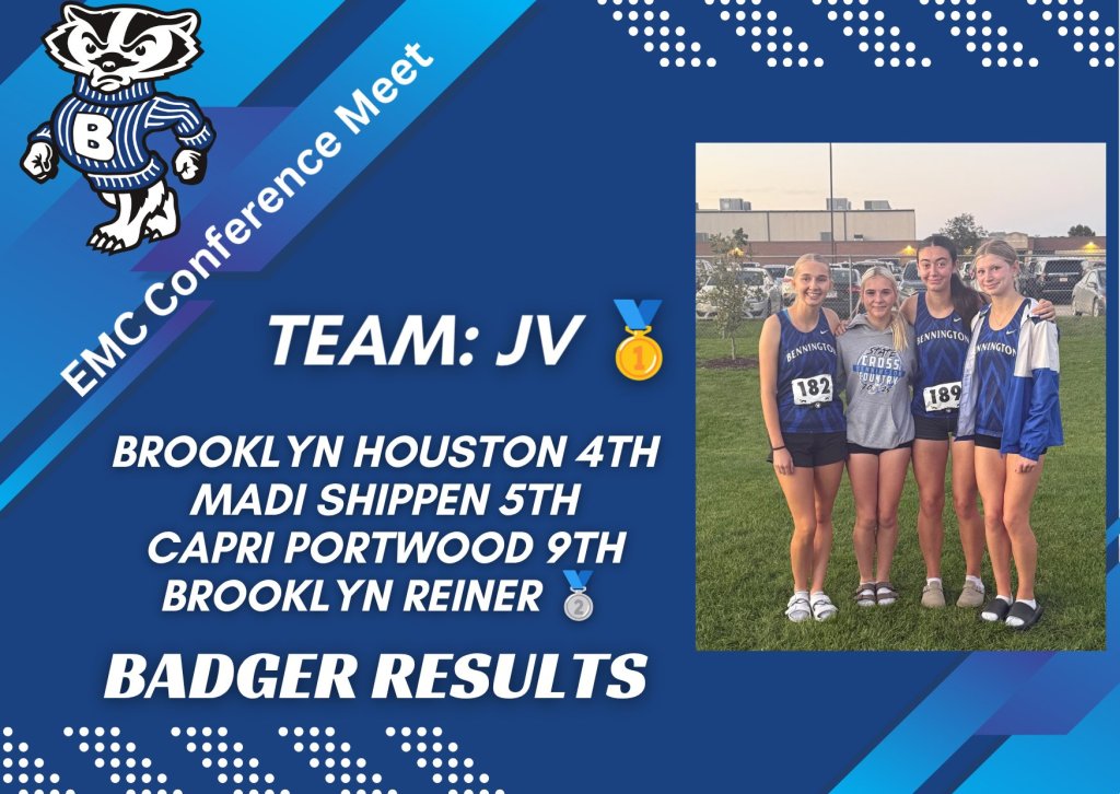 Banner for the EMC Conference Meet featuring a team photo of four female athletes wearing athletic uniforms. The graphic includes the text 'TEAM: JV' and highlights individual placements in the event.