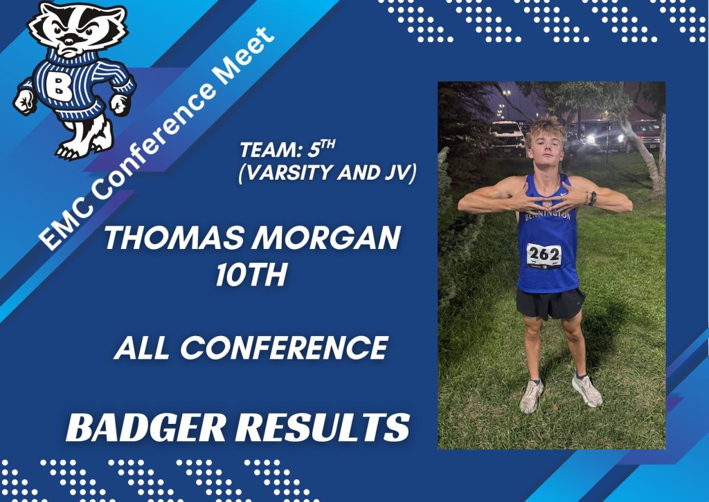 A young male athlete stands confidently with arms wide open, wearing a blue running jersey and shorts, displaying his race number 262. Text on the image highlights the EMC Conference Meet achievement, placing 10th and mentions the team result.