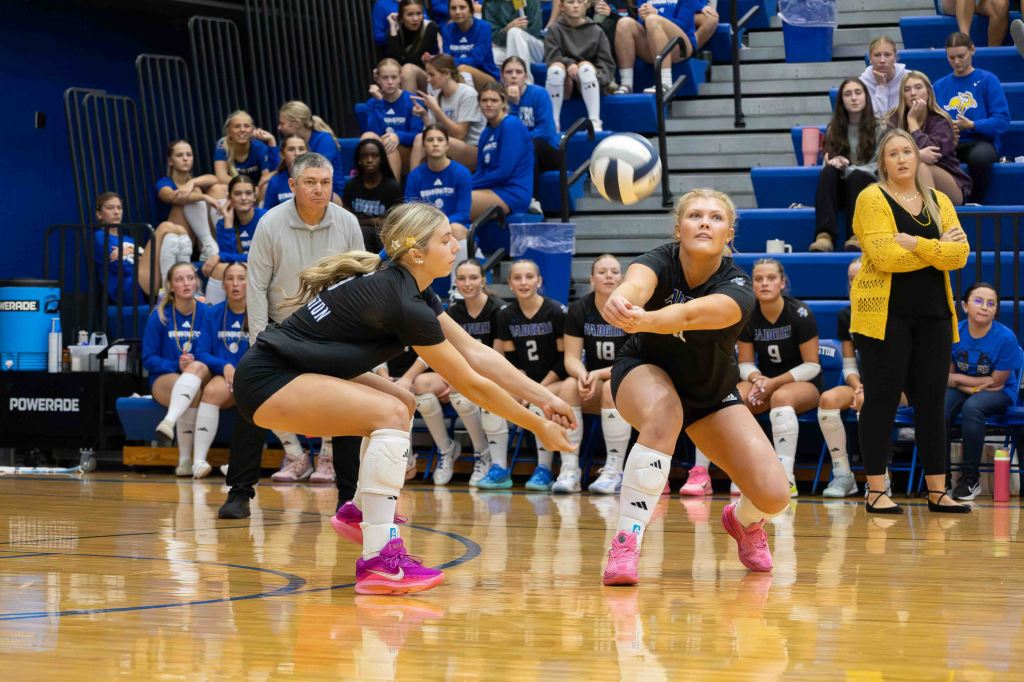 Two female volleyball players training on the court, one preparing to receive a serve while the other is in position. A crowd of spectators can be seen in the background.