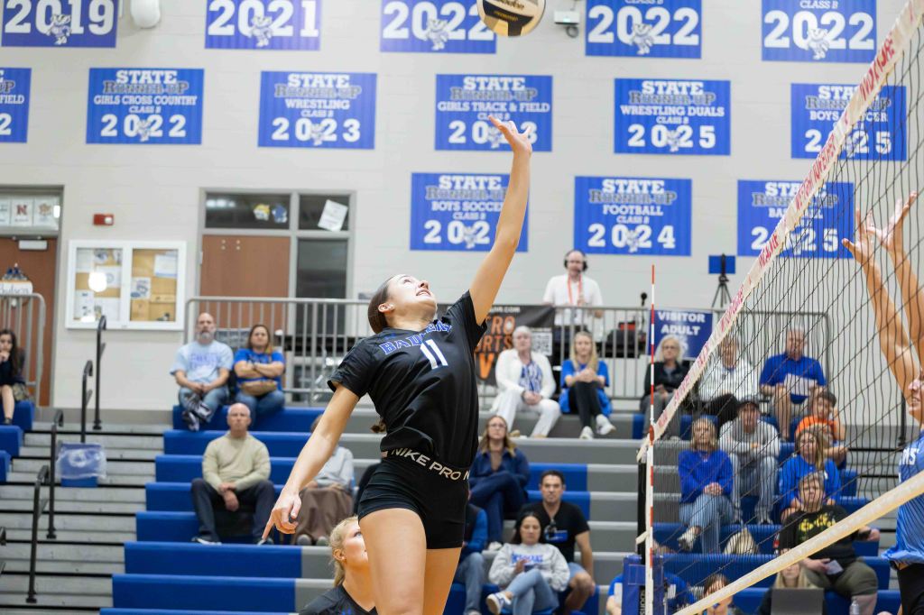 A volleyball player in a black jersey leaps to spike the ball over the net during a game, with spectators in the background.