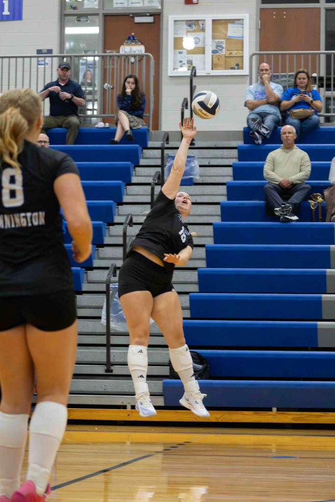 A volleyball player jumps to hit a ball during a match, with spectators visible in the background.