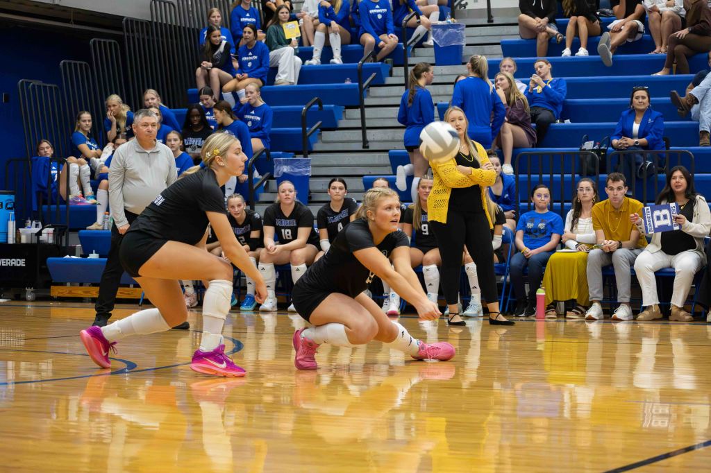 A volleyball team in action, with players preparing for a serve. Two players are positioned low, ready to receive the ball, while a third teammate is in the background throwing the ball into play. Spectators can be seen in the stands, watching the game.