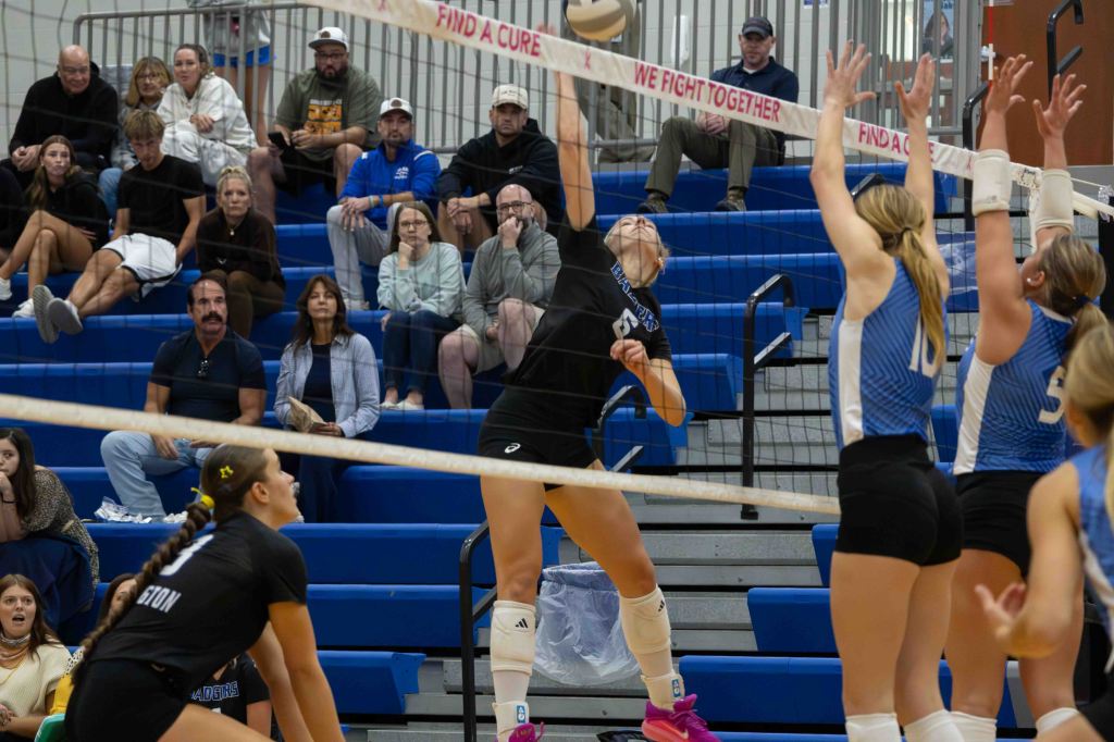 A volleyball player leaps to hit the ball over the net during a game, with spectators in the background watching intently.
