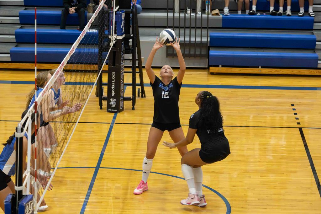 A volleyball player in a black uniform and pink shoes prepares to set the ball during a game, with teammates in the background looking on.
