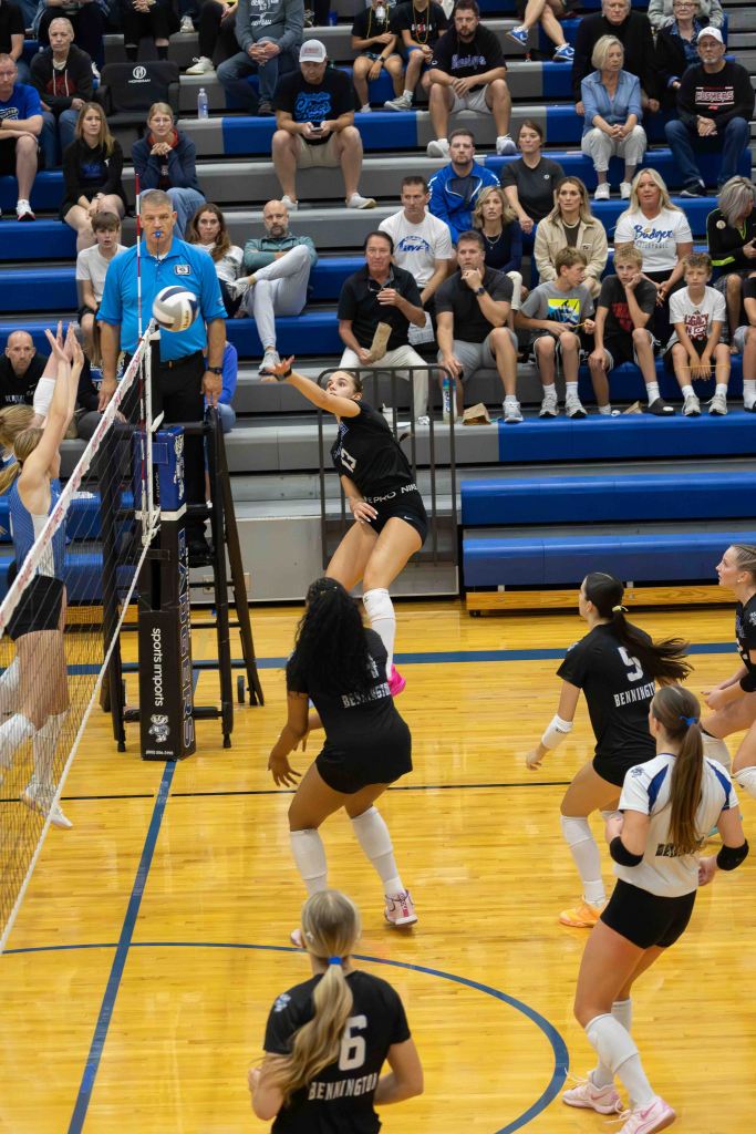 A volleyball player jumping to strike the ball at a net during a match, with the referee observing and spectators in the background.